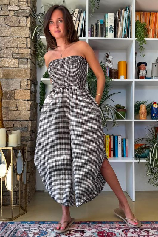 Arbi Gingham Shirring Bandeau Jumpsuit Hazelnut